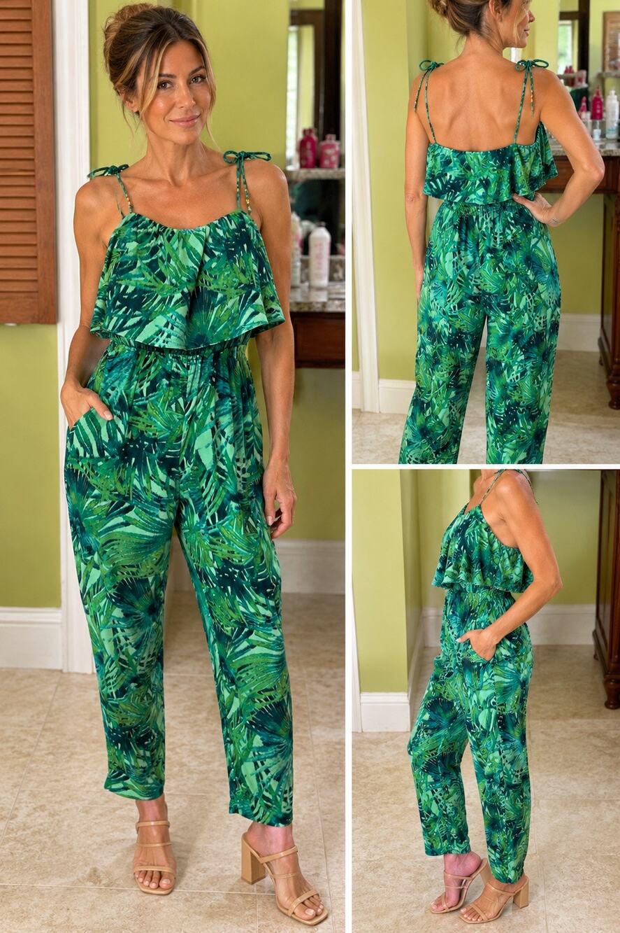 Bold Elements XL Tropical Palm Print Ruffle Jumpsuit Tie Strap Wide Leg